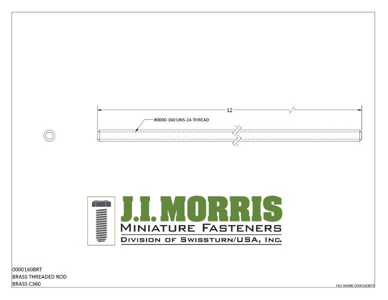 J I Morris miniature quadruple-aught-one-sixty threaded brass rod, C360 brass, size 0000-160