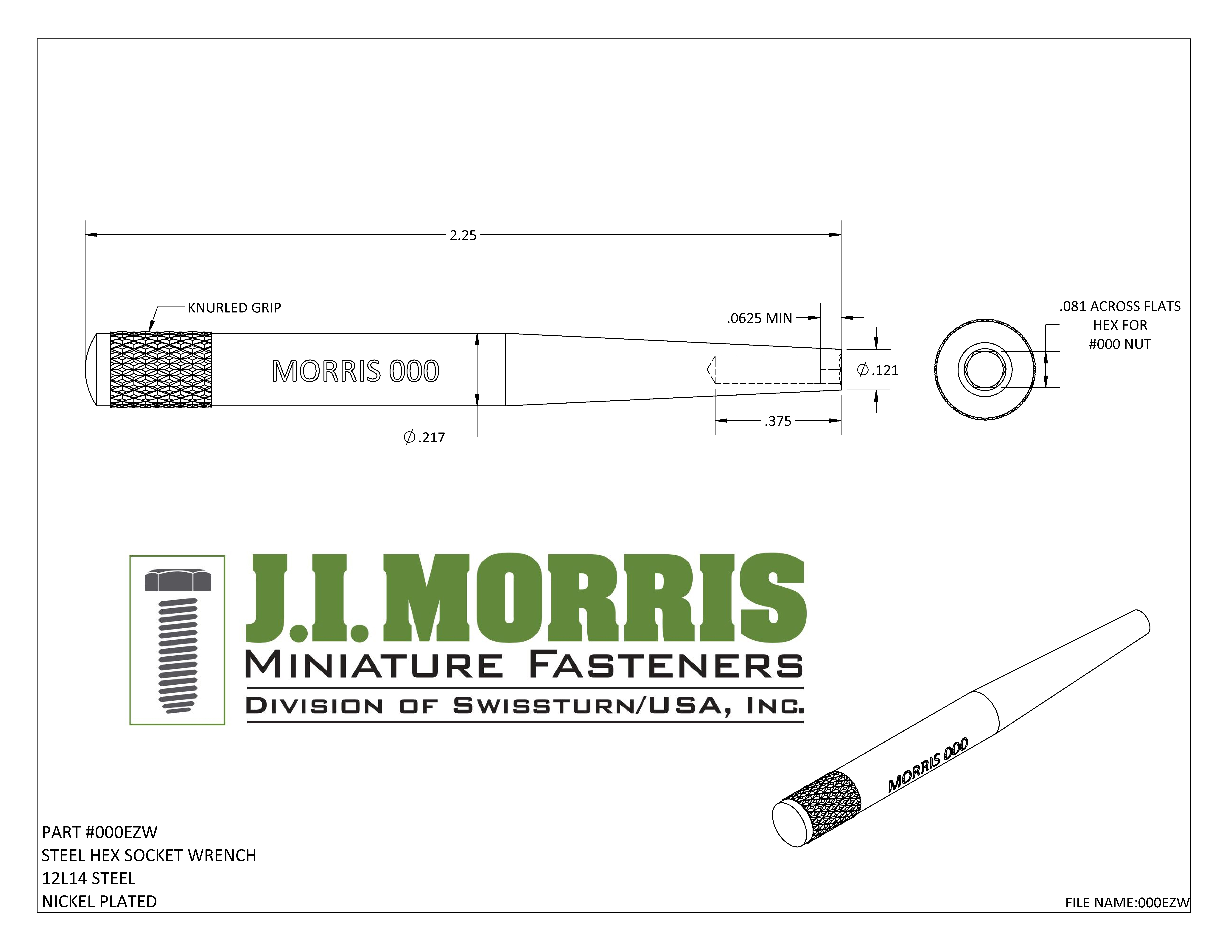 J I Morris hex triple-aught EZ socket wrench, 12L14 nickel plated steel, size 000