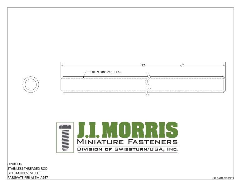 J I Morris miniature 00-90 threaded rod, 303 stainless steel material