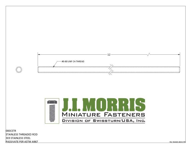 J I Morris miniature 0-80 threaded rod, 303 stainless steel material